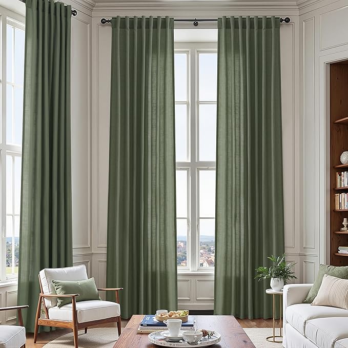 134 Inch Extra Long Curtain for Floor to Ceiling High Window Olive Green Linen Back Tab Curtains for Living Room Filtered and Breathable Semi Sheer Drapes Modern Farmhouse Boho Decor 52x134,2PCS
