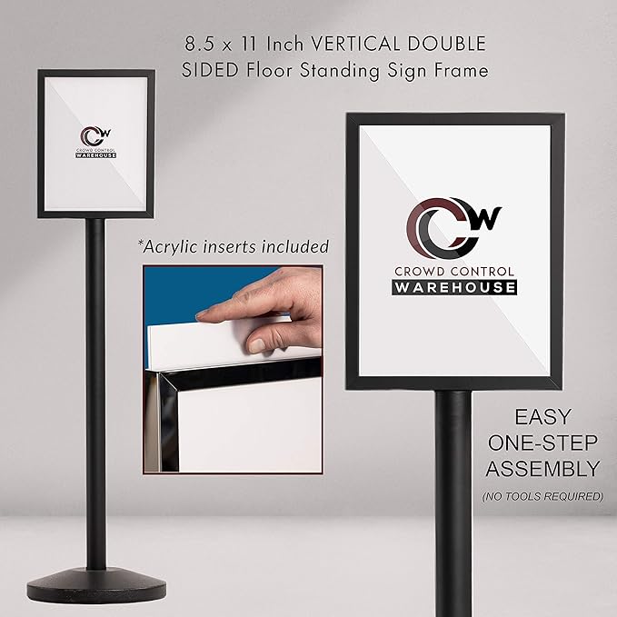 Crowd Control Warehouse Pedestal Standing Floor Sign Frame with Sloped Base, 8.5x11 Inch Vertical, Satin Stainless Steel