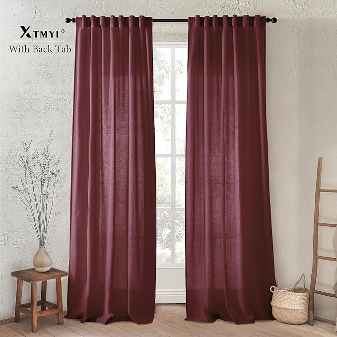XTMYI Red Wine Curtains, 108x50 inches, Linen Look, Semi Sheer, 4 Hanging Methods, Set of 2 for Living Room, Christmas