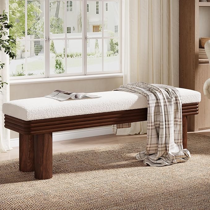 Tribesigns 55-Inch Upholstered Entryway Bench, Modern Shoe Bench with Faux Shearling Padded Seat, Upholstered End of Bed Stool for Bedroom, Entrance, Living Room (White & Dark Walnut)