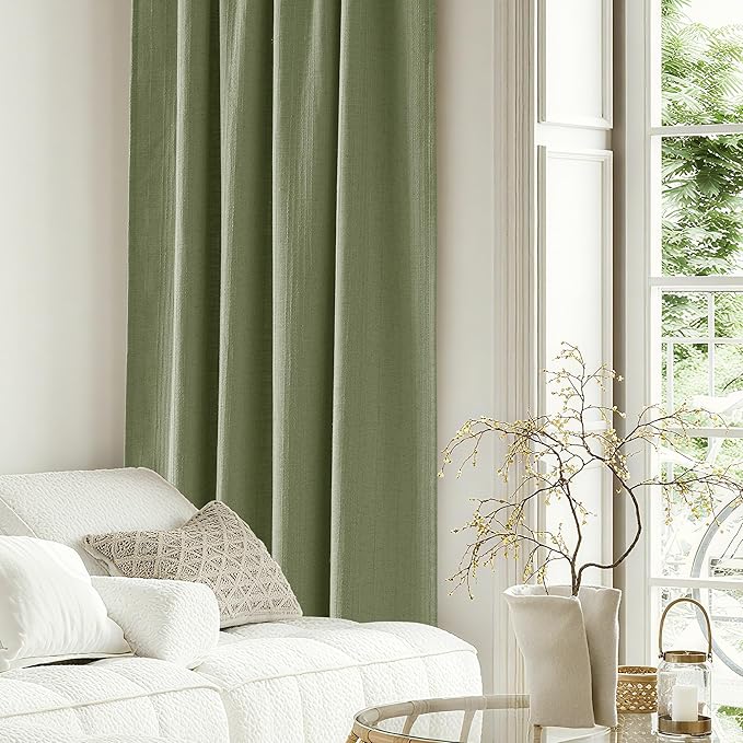 NICETOWN Waffle Weave Linen Sage Green Curtains for Bedroom, Privacy Farmhouse Drapes Light Filtering Window Treatments for Living Room, W52 x L108, 2 Panels