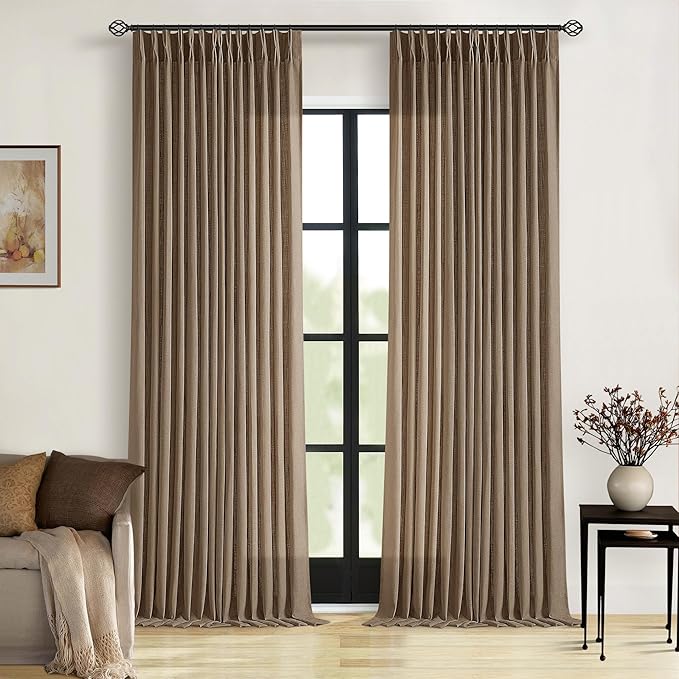 Brown Pleated Linen Curtains 96 Inches Long for Living Room 2 Panel Set Semi Sheer Light Filtering Pinch Pleat with Rings Hooks Drapes Boho Rustic Farmhouse Dutch Cocoa Curtain Bedroom Window