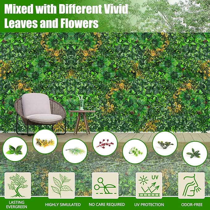 Grass Wall Panels, 20"x20" 8pcs Artificial Grass Backdrop Wall with Tropical Leaves, UV-Anti Faux Greenery Plant Boxwood Panels for Privacy Fence Screen, Green Wall Decor for Outdoor Indoor