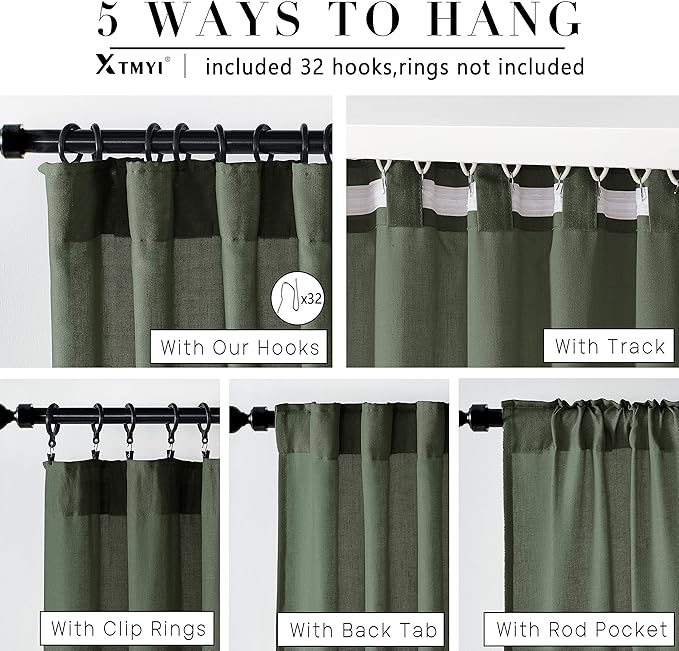 XTMYI 68 Inch Curtains 2 Panel Set,Linen Boho Semi Sheer Curtains for Bedroom Living Room,40x68 in Long,Olive Green