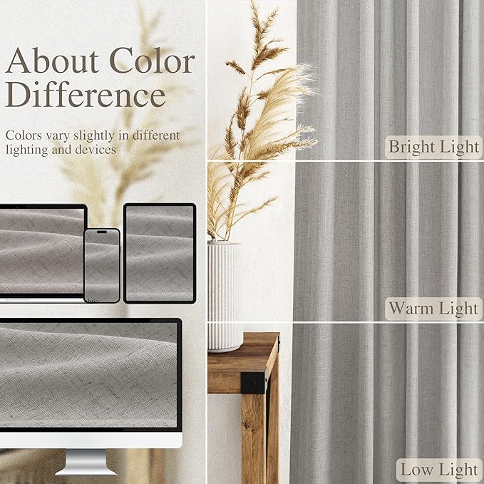 Nanspring Light Gray Linen Curtains 108 Inches Long for Living Room Extra Long Simple Modern Coastal Decor Semi Sheer Curtain Grey Back Tab Floor to Ceiling Drapes for Bedroom 52x108, 2 Panels