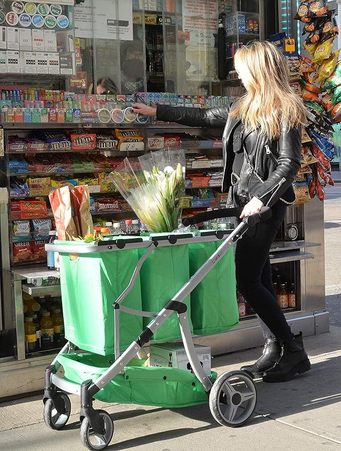 Reusable and Foldable 3 Shopping Bags Easy for Shopping and Carrying Groceries in Store (Silver Frame + 3 Green Baskets)