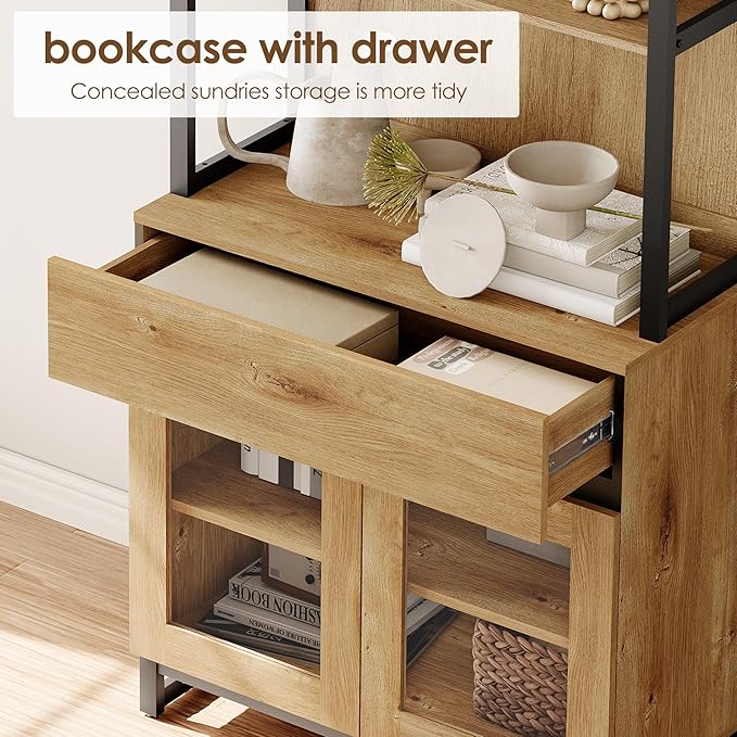 WAMPAT 2 PCS Modern 72" Tall Bookcase with 2 Drawers and Open Book Shelfs, Library Book Shelf with Storage Cabinet and Glass Doors, Wood Freestanding Bookshelves for Home Office, Living Room, Oak