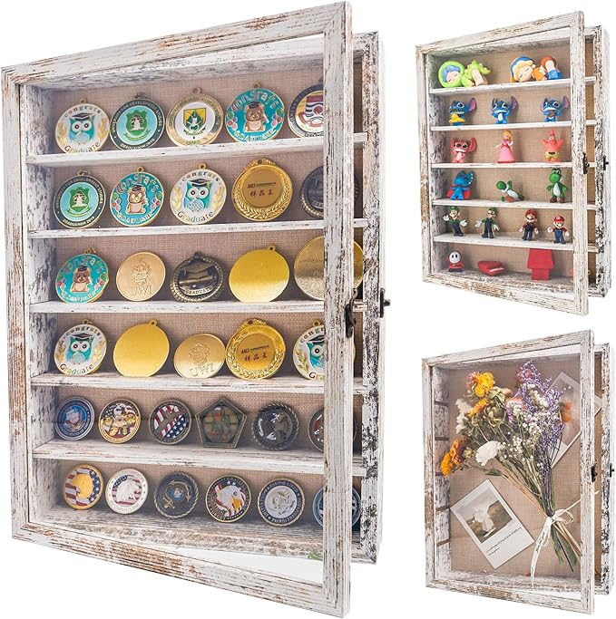 GMFrames 12x16 Wooden Shadow Box Frame with Removable Shelves Deep Display Case for Military Medals Keepsakes White