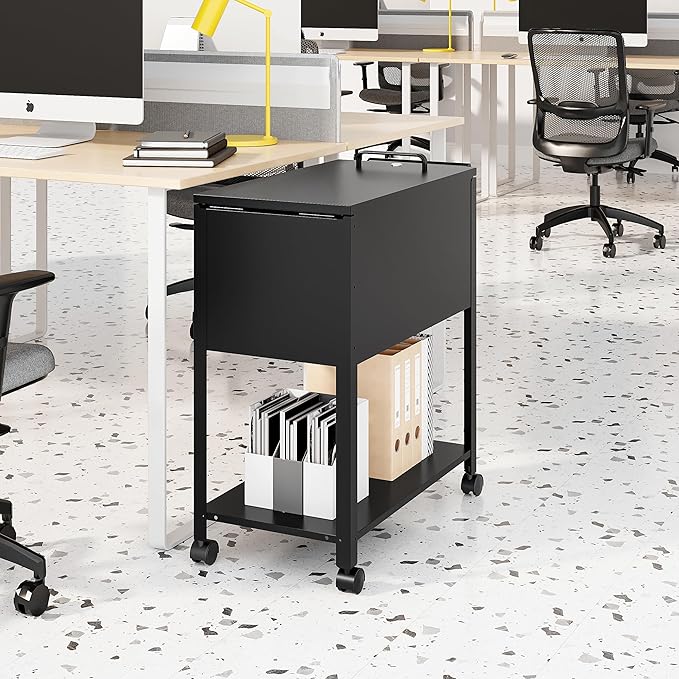 Mobile File Cabinet, 2 Tier File Cart with Wheels Hanging Files, Metal Rolling Cart with Lock and Sliding Cover for Office, Mailrooms, Cubicles, Classrooms, Libraries, Black