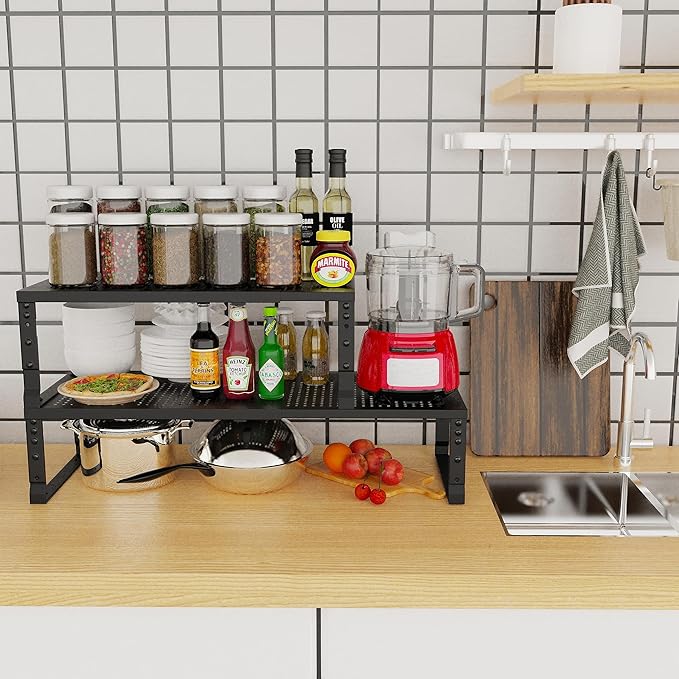 Expandable Adjustable Stackable Kitchen Organizer, Spice Rack,Metal Pantry Storage Shelves Racks,Counter Shelf for Cabinets, Countertop, Cupboard(1 Pack/Medium/Black)
