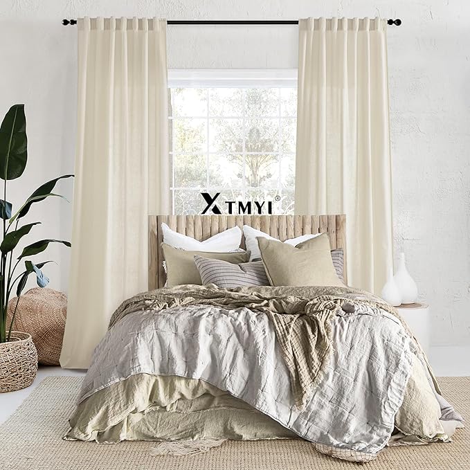 XTMYI Contemporary Curtains for Living Room,Pleat Hooks Linen Semi Sheer Ruffle Curtains for Master Bedroom 2 Panels,90 Inch Long,Beige