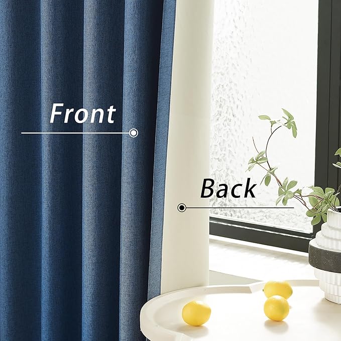 DUALIFE 90 Inch Blackout Blue Curtains Boho, Thermal Insulated Curtains for Summer Heat for Bedroom Living Room Linen Pleated Drapes 90 Inches Long Rod Pocket(50W x 90L x 2 Panels)