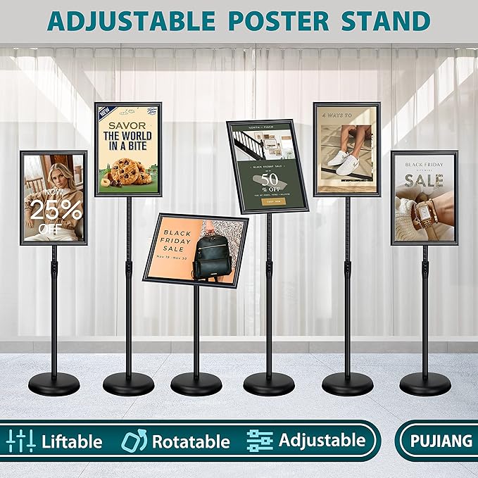 6Packs 11x17 Inch Adjustable Sign Holder Poster Stand, Heavy Duty Floor Sign Stand with Aluminum Snap Open Frame for Vertical and Horizontal Sign Displayed(Black)