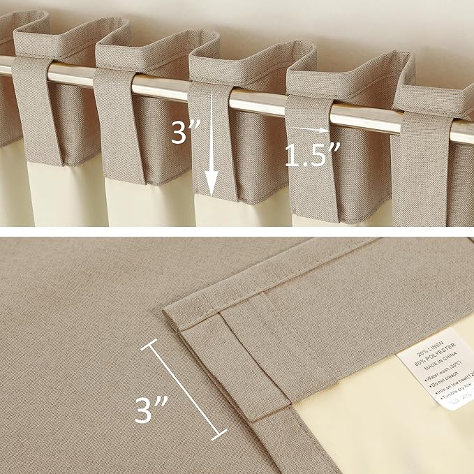 DUALIFE 100% Blackout Linen Taupe Curtains 84 Inch for Living Room Darkening, Bedroom Linen Drapes 84 Inches Long Rod Pocket/Back Tab Heat Blocking Bohemian Pleated Window Curtain(50"x84"x2)