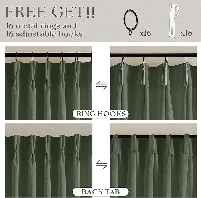 Olive Green Pinch Pleated Linen Curtains 92 Inches Long 2 Panels for Living Room Bedroom Semi Sheer Pinch Pleat Drapes with Hooks Rings Boho Farmhouse Light Filtering Window Curtain 40x92