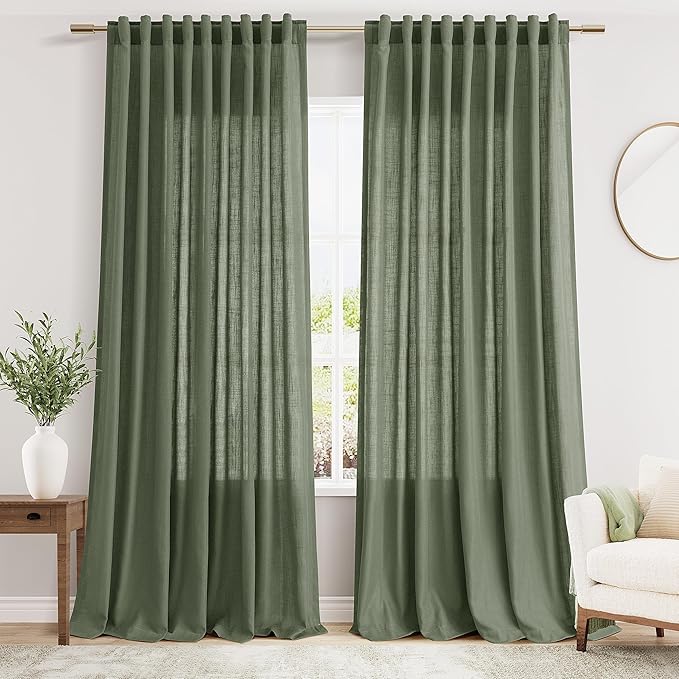 Nanspring 70 Inches Wide Olive Green Linen Curtains for Living Room 2 Panels Set 90 Inch Length Back Tab Light Filtering and Breathability Semi Sheer Curtain for Bedroom 70x90