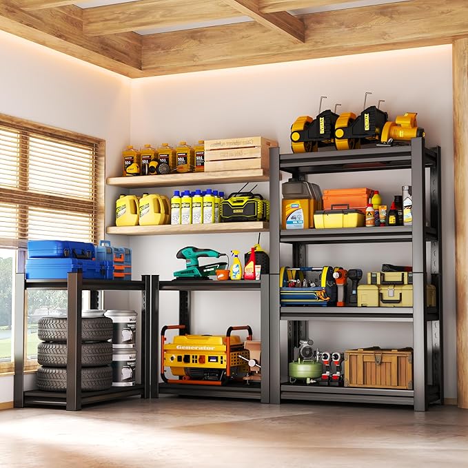 Garage Shelving Units, Heavy Duty 4-Tier Storage Shelves, Metal Adjustable Storage Rack, Steel Shelves, 2750 lbs Capacity, Industrial Shelving for Heavy Tools (Black, 4TIER 9.8"D×15.7"W×44"H, 4TIER)