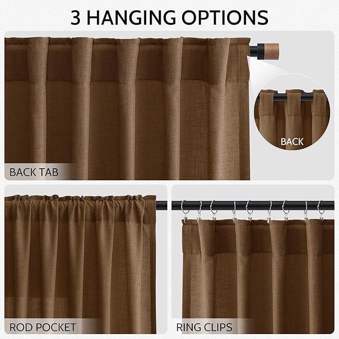 Nanspring Tobacco Brown Linen Curtains 63 Inches Long 2 Panels for Living Room Back Tab Pocket Light Filtering Translucent Modern Farmhouse Cotton Linen Curtain Texture 52X63 Inches