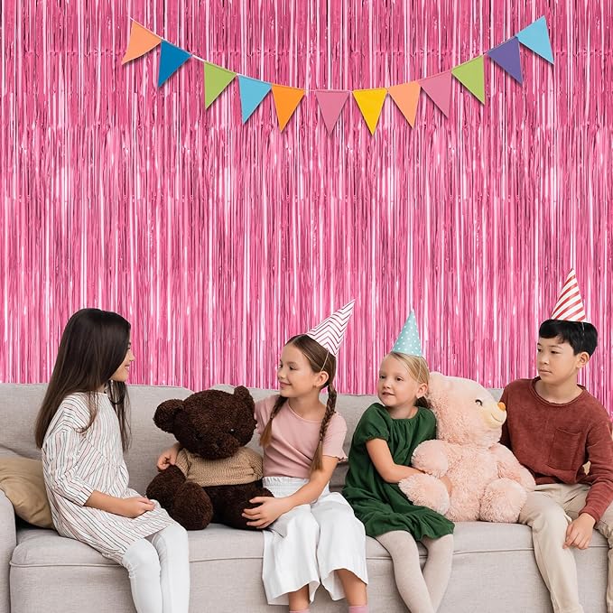 4 Pack Birthday Decorations, 3.28 FT x 7.05 FT Pink Backdrop, Metallic Happy Birthday Backdrop Fringe Curtains Party Streamer, Bachelorette Party Decorations Princes Birthday Valentines Party Decor