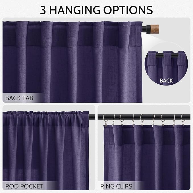 Purple Linen Curtains 72 Inch Long for Living Room Bedroom Lightweight Door Drapes 2 Panels Set, Semi Sheer Light Filtering Back Tab or Rod Pocket Curtain,52x72