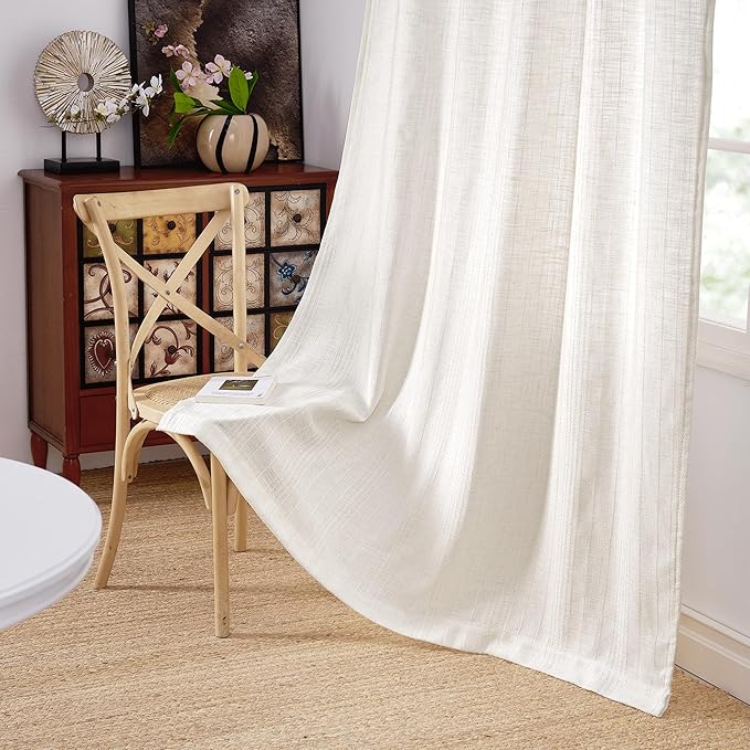 NICETOWN Natural Boho Linen Curtains 96 inches Long, Jacquard Weave Privacy Light Filtering Drapes for Bedroom/Living Room, W52 x L96, 2 Panels