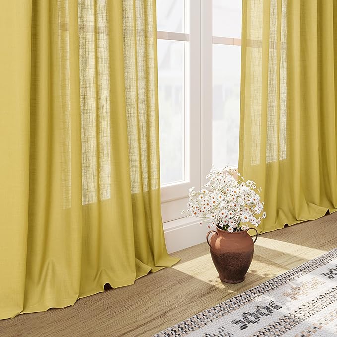 Celery Yellow Curtains 96 Inch Long 2 Panels Set Back Tab Rod Pocket Linen Blend Textured Semi Sheer Light Filtering Boho Decor Curtains Aesthetic Room Decor for Bedroom and Living Room 8Ft 52x96 Inch