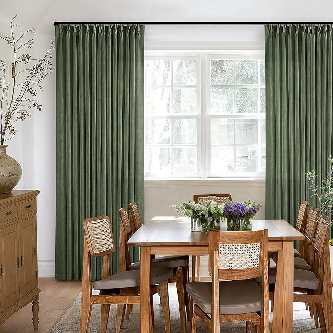 Olive Green Linen Pinch Pleated Curtains 84 Inches Long 2 Panels for Living Room Bedroom Linen Pleated Hooks Rings Back Tab Light Filtering Loden Moss Green Farmhouse Drapes 84 Inch Length