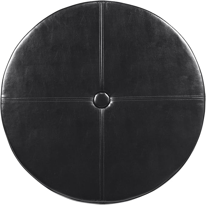 Homepop Home Decor | Upholstered Faux Leather Large Tufted Round Storage Ottoman | Button Top Ottoman with Storage for Living Room & Bedroom | Decorative Home Furniture, Black