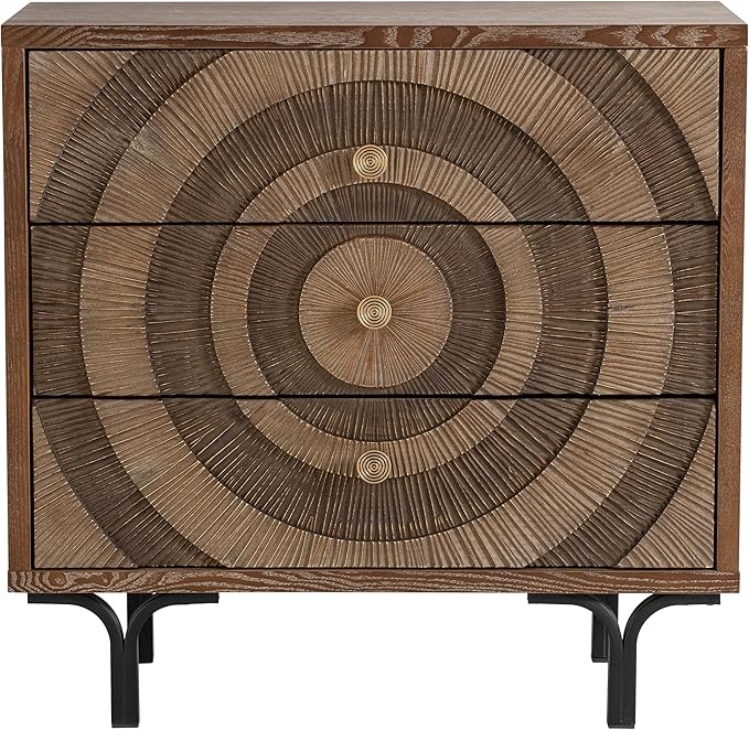 Farmhouse 3-Drawer Dresser, Accent Wooden Chest of Drawers with Circle Pattern and Radioactive Wood Lines, Accent Storage Dresser for Living Room, Bedroom, Natural Wood Color