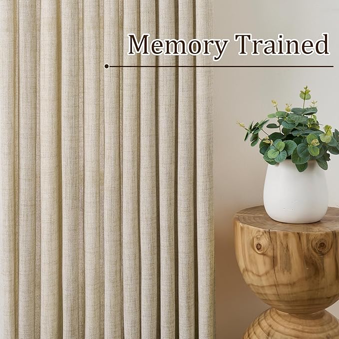 RAIN CITY Beige Sheer Curtains 132 Inches Long with Pinch Pleat,Memory Trained Pleated Drapes Hooks Linen Textured Boho Extra Long 11 ft Curtain for Dining Bedroom 42 Inch Wide Each Panel