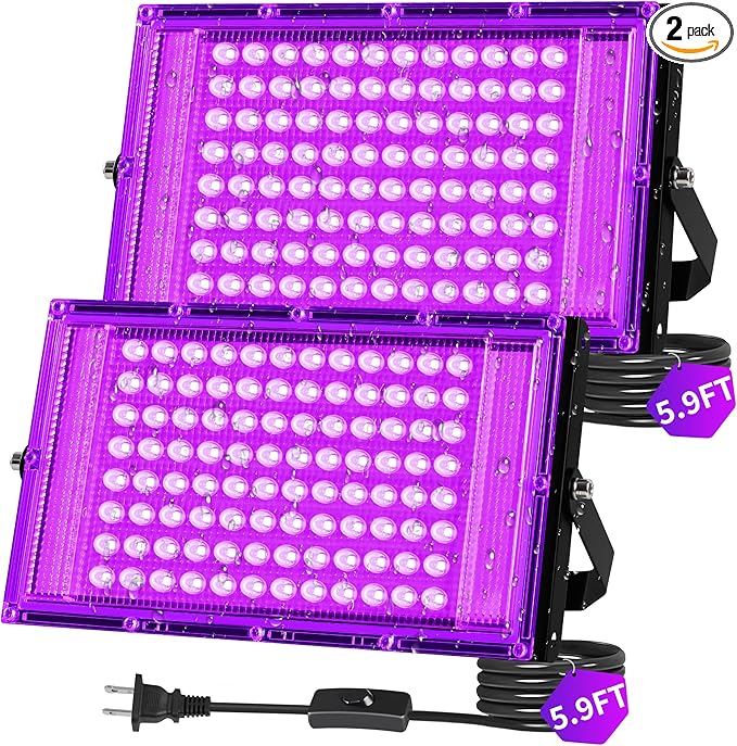 100W LED Black Lights IP66 Waterproof Black Light Outdoor with 5.9ft Plug+Switch,Flood Blacklight for Halloween Glow in The Dark Party Stage Light Neon Glow Birthday 2 Pack