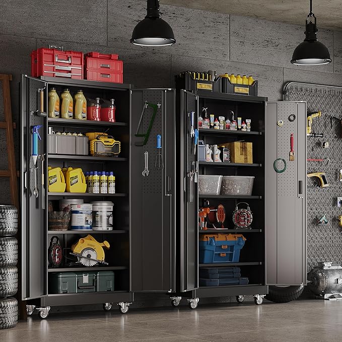 Garage Storage Cabinet with 5 Adjustable Shelves and Door Pegboard,Metal Storage Cabinet with Wheels for Garage Home,Required Assembly,Black, 71" H×32" W×16" D