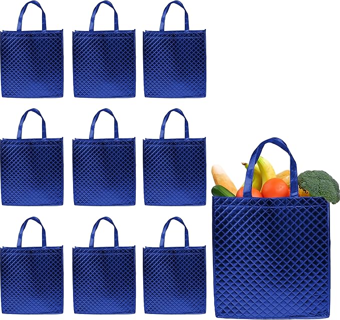 DISCOUNT PROMOS Luxurious Laminated Tote Bags Set of 10, Bulk Pack - Reusable, Great for Shopping, Beach, Wedding Favors - Royal Blue