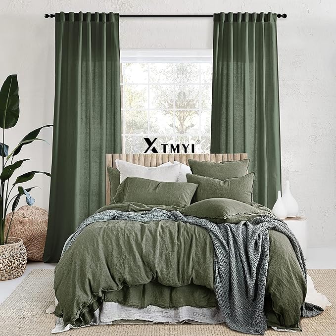 XTMYI Olive Green Curtains 63 Inch Length for Living Room 2 Panels Set Back Tab Hooks Pleated Linen Blend Light Filtering Semi Sheer Curtain Drapes for Dining Room Bedroom Kitchen Bathroom Boho Decor