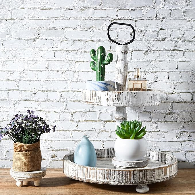Set of 2 Mini Wood Risers for Decor Round Wooden Riser Small Wooden Stool Display Stand Farmhouse Rustic Wood Pedestal for Plant Pot Tiered Tray Decor Cake Food Collection Display(White)