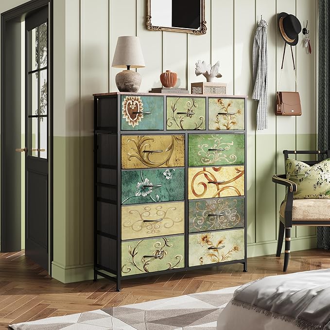 WLIVE Storage Organizer Unit with 11 Fabric Bins, Storage Drawers Organizer with Steel Frame, Tall Storage Tower Organizaton for Living Room, Hallway, Office, Floral Painted