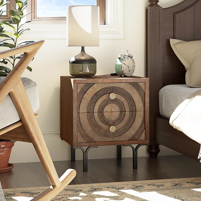 Farmhouse 2-Drawer Nightstand, Accent Wooden Nightstand with Circle Pattern and Radioactive Wood Lines, for Bedroom, Natural Wood Color