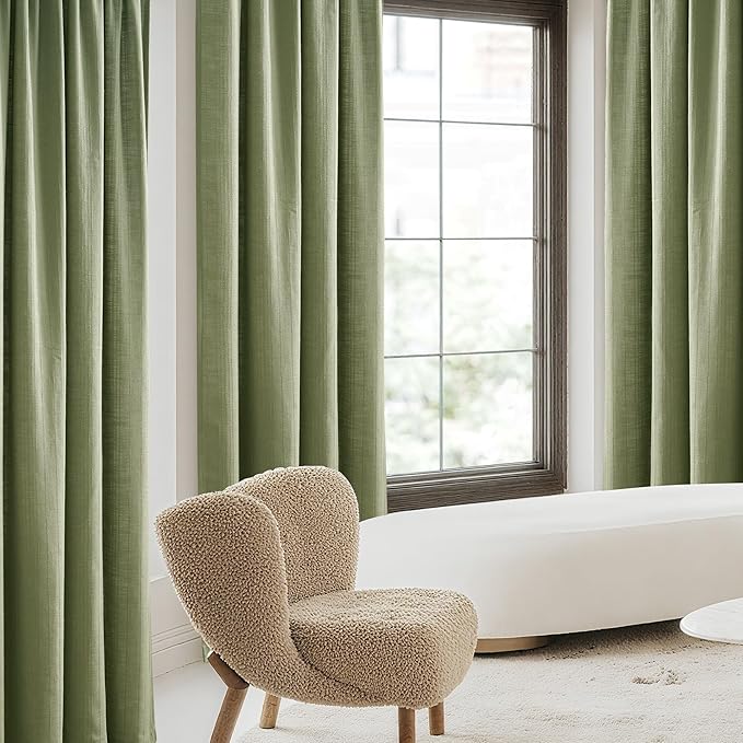NICETOWN Linen Sage Green Curtains Waffle Weave for Bedroom, Privacy Jacquard Drapes Light Filtering Window Treatments for Living Room, Angora, W52 x L90, 2 Panels
