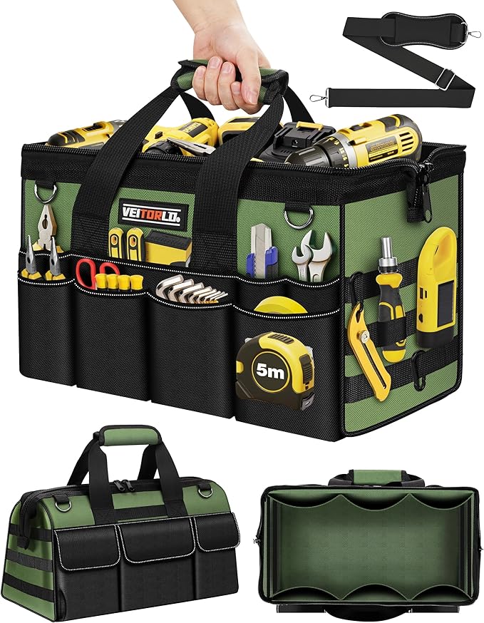 Heavy Duty Tool Bag 16-Inch - 19 Pockets Tool Organizer, Portable Electrician Toolbox W/Soft Handle, Christmas Birthday Gift Ideas for Men Dad Husband Him Mechanic Plumber, Wide Mouth Tool Storage Box