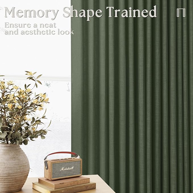 Thick Linen Olive Green Curtains 96 Inches Long for Living Room Bedroom Aesthetic Pinch Pleated Drapes with Hooks Rings Back Tab Light Filtering Ceiling Floor Custom Made Memory Trained Curtain Loden