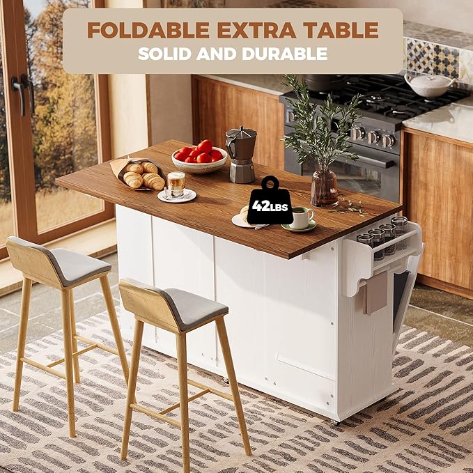 IRONCK Kitchen Island with Storage, Rolling Island Table on Wheels with Drop Leaf, Charging Station and Trash Can Storage, Portable Islands Table with Open Spice Rack and Drawer for Living Room, White