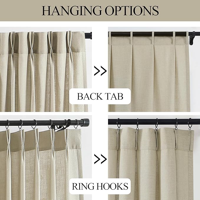 Vision Home Sand Pinch Pleated Semi Sheer Curtains Textured Linen Blended Light Filtering Window Curtains 95 inch for Living Room Bedroom Pinch Pleat Drapes with Hooks 2 Panels 40" Wx95 L,Camel Beige