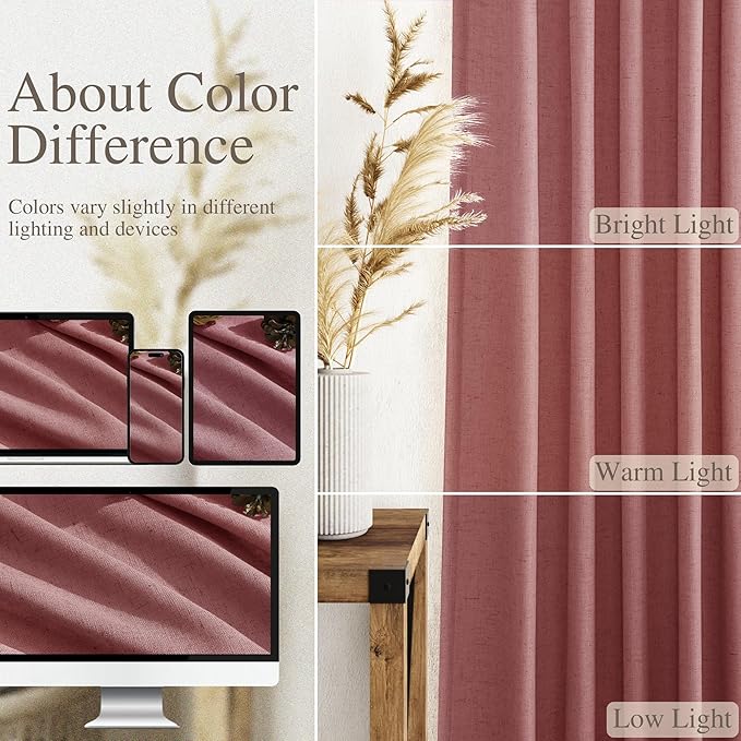 Nanspring Canyon Rose Linen Curtains 96 Inches Long 2 Panels Set for Living Room Rod Pocket Back Tab Semi Sheer Light Filtering Protect Privacy Dusty Rose Curtain for Bedroom Floor Length 52x96