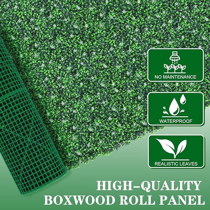 48"x 120"(40 sq.ft) Artificial Boxwood Roll Panels with Flowers, UV-Anti Faux Ivy Leaves Privacy Fence Screen, Grass Wall Roll Panels for Indoor Home Decor and Outdoor Garden Backyard