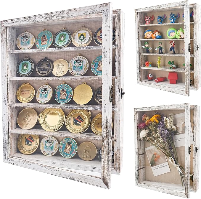 GMFrames 11x14 Wooden Shadow Box Frame with Removable Shelves Deep Display Case for Military Medals Keepsakes White