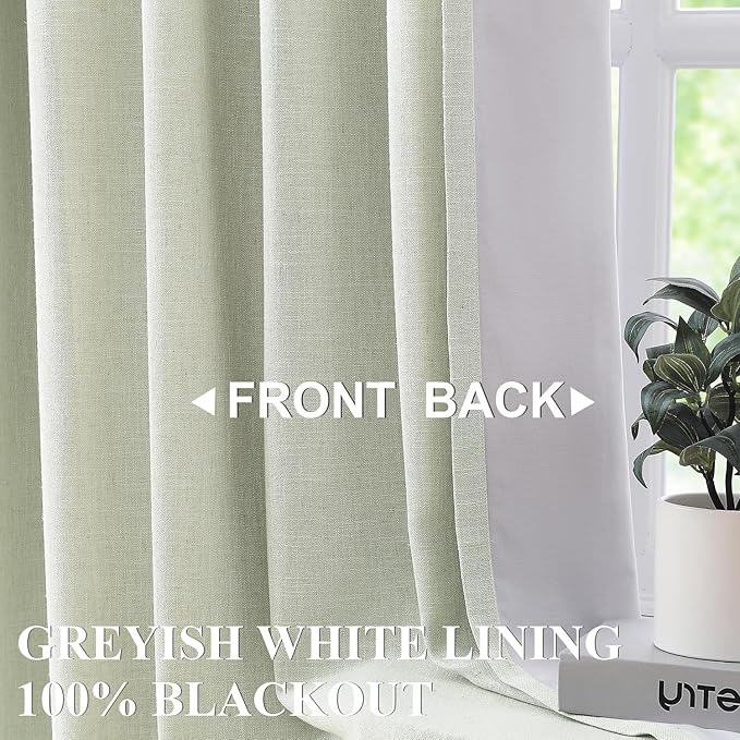Vision Home Soft Green Pinch Pleated Full Blackout Curtains Linen Blended Room Darkening Curtain Panels 112 inch for Living Room Bedroom Thermal Insulated Pinch Pleat Drapes with Hooks 40" Wx112 Lx2