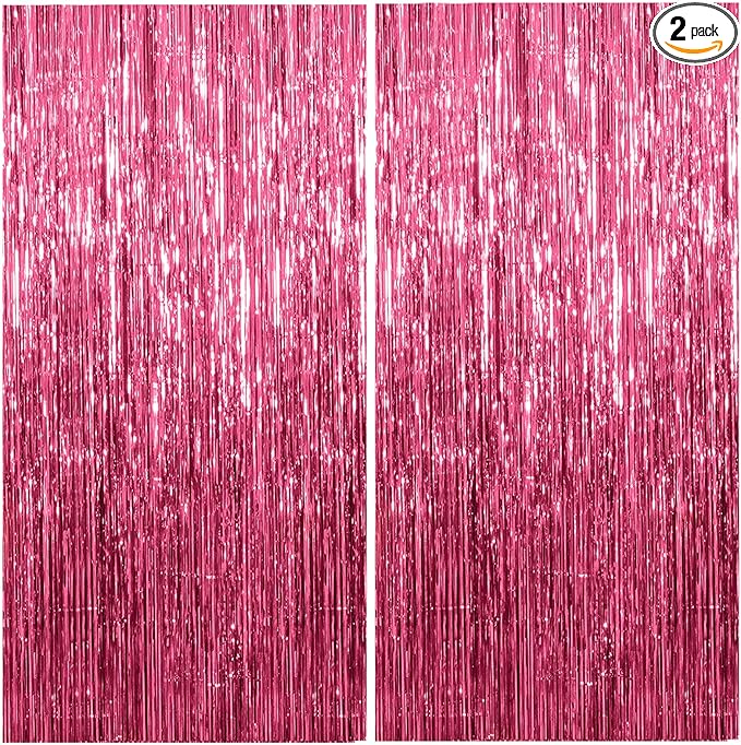 2 Pack Foil Curtain Backdrop Pink Metallic Tinsel Foil Fringe Curtains Photo Booth Props for Birthday Wedding Engagement Baby Shower Bachelorette Christmas Holiday Celebration Party Decorations