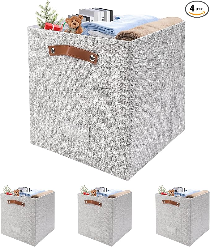 4 Pack Large Fabric Storage Bins for Shelves, Collapsible Storage Baskets with Handles for Organizing Clothes, Toys, and Household Items, Grey & White (Light Gray, 13")