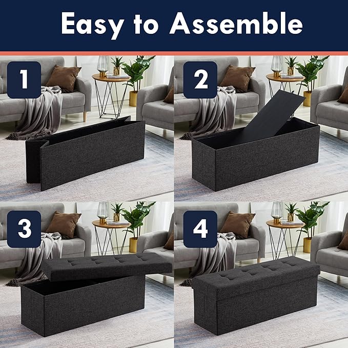 Ornavo Home Foldable Tufted Linen Large Storage Ottoman Bench Foot Rest Stool/Seat - 15" x 45" x 15" (Black)