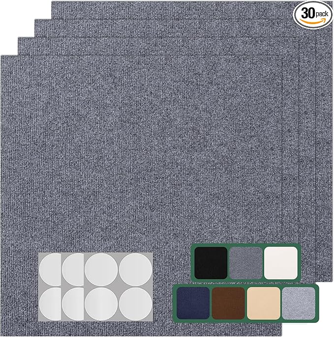 30 Pack Carpet Tile - 12” X 12” Self Adhesive Carpet Floor Tiles Anti-Slip Squares Peel and Stick Floor Tile DIY Installation for Bedroom (Dark Gray)
